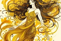 Dynamically dancing long haired brunette woman, in Klimt style, in ochre, watercolor and ink, golden glitters