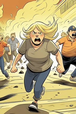 an obese terrified blonde woman running away from an angry mob