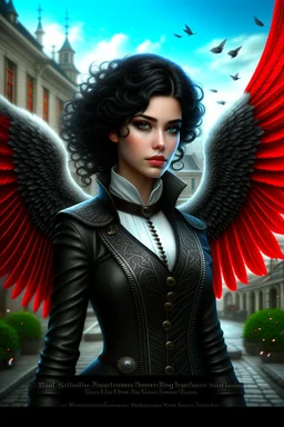 Magic school town background, beautiful angel, ornate school uniform, casting spell water snow fly, black wavy hair, enchanted fantasy, cinematic composition, very detailed red machine components, one camera lens eye and shiny black hair, hazel green eyes, 24k, ornate, intricate, complex, digital painting, smooth, art by royo and tom bagshaw.