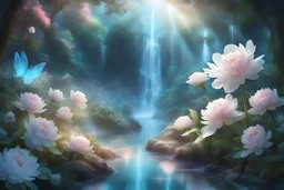 in a magical forest a magnificent crystal palace, pink and blue light, dancing light particles present everywhere, a small turquoise lake, a small waterfall, crystal flowers, crystal cluster, special lighting,, rays of sun, in the foreground very small white peonies, daffodils, magical atmosphere, very good definition, many refined details beautiful luminous subtle sexy blond fairy blue eyes big transparent wings realistic looking full thin body smiling subtle crystal castle frontal