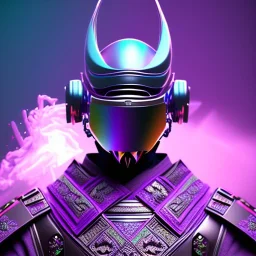 samurai purple masked villain in galaxy, teal and purple smoke, detailed, realistic, 4k