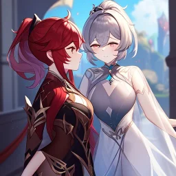 High quality, Detailed, 1girls, looking at eachother very angrily, wearing a genshin inspired outfit, the outfit has some holes, the outfit also has a very see through fabric, grey hair with on ponytail, red hair