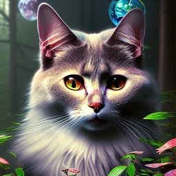 close up on smart cat in magical forest, book cover art