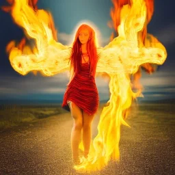 woman made of fire, fire angel, fire clothes, full body portrait, long flowing yellow hair, highly detailed, real life photo, photo quality, extremely detailed, highly detailed, 8K, crisp quality, looking at me