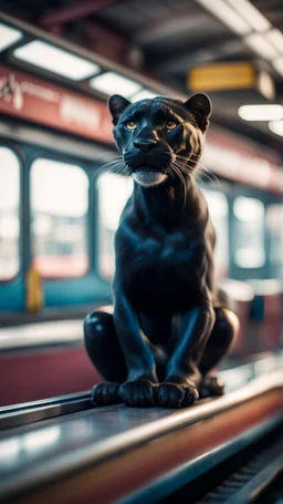 full body portrait of bazooka panther chilling on top of a high speed train in the metro barber shop tool shed,bokeh like f/0.8, tilt-shift lens 8k, high detail, smooth render, down-light, unreal engine, prize winning