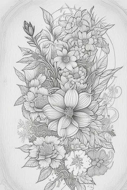 line tattoo design, neo traditional, flowers in a cirkel, detailed