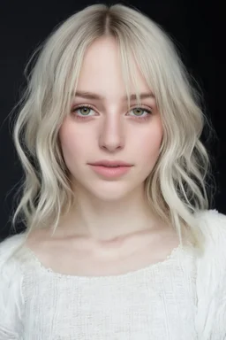 Billie Eilish, 14-year-old American actress, photorealistic 4K, cinematic lighting, heart-shaped face, porcelain fair skin with warm undertones, high cheekbones, soft peach blush, large almond hazel eyes flecked with green and amber, long curled lashes, soft arched brows, straight narrow nose with rounded tip, full lips with defined cupid’s bow, long, bleach-blonde hair with bangs mid-back length, voluminous waves, deep side part, slender hourglass frame