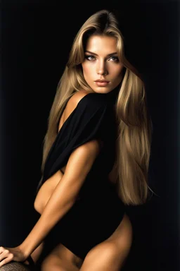 beauty supermodel without clothes, 18-year old, longer hair, bigger boo bs, natural, david hamilton, 1990's, beautiful, black studio background, muted color palette, ultra-realistic, helmut newton, sharp focus, studio photo, intricate details, highly detailed, photo-realistic, Film light, Hyper detailed, Hyper realistic, atmospheric, High resolution, 8k, 500px, FUJIFILM, hyper-feminine, pronounced feminine features, beautiful skin, half open mouth