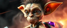 close up portrait with fine pores and real skin texture, clear transparent skin, wise eyes, hairy macho disco gremlin kiwi alien pimp indian Homunculus – living in a hi tech marvellous hot dog art graphics and gems on rocket with a mounted sling shot mega harpoon, heading for venus , background motion blur and smoke swirls