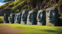 calm beauty, fantasy, magic, splendor, uplifting, inspiring, therapeutic, Easter Island stone statues with faces, some wearing spectacles, springtime, sunlight, chiaroscuro, color, award-winning colour photograph, Nikon 135mm, style Disney, style Salvador Dali