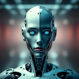 a robot with a face and a head with a human body, blue eyes, reflection, science fiction, android, bald, cyborg, mechanical parts, split theme