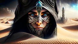 White desert sands with black tower painterly fantasy art matrix style cyborg portrait detailed symmetrical realistic eyes steampunk cyborg cyborg intricate detailed to scale hyperrealistic dark lighting digital concept art