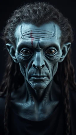 A man in black with a long curly hair . a body shot of a super blue skin alien, full head, old, looking at the camera, super big head, super big black eyes, small mouth, no ears, total black skin. photo real, hyperrealistic, high dynamic range, rich colors, lifelike texturesv, 8K UHD, high color depth. neutral dark background.with scar on his face and a tattoo