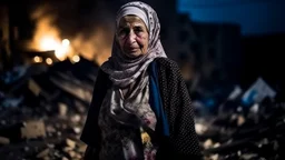 Palestinian old woman wears the keffiyeh , Carrying a small city ,at summer , Destroyed Buildings , with a Explosions, at night