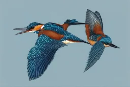 A beautiful kingfisher diving out of water. Waterpearls on feathers. Highly detailed, smooth colours, realistic landscape