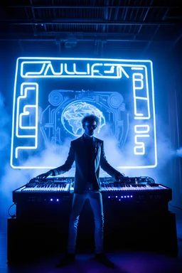French cool synth player, he is called "Jean-Maurice Brûlée" performing at dance club, his name is "Jean-Maurice Brûlée" , white and blue Neon lights and smog, an earth is projected in background, and "URANIUM" big sign on the wall, he is playing on synthesizers on stage with lot of laser beams and wearing black sunglasses,