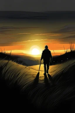drawing of someone walking in the dark with a flashlight towards a beautiful sunrise