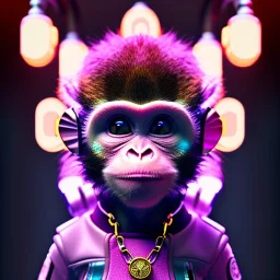 pixar style anamorphic cute cyberpunk monkey baby, smiling,gangsta gold neckless, full body, magenta puffer jacket, manila city backdrop, dramatic lighting, hyper realistic, unreal engine 5, 16k