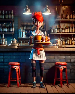 Pub scene, hybrid character, waitress sexy British woman with monster muppet mask that covers her entire head, Sesame Street style, retro style, short shirt, tray, beer, old school tattoo, hot, smooth, unreal engine 5, god lights, ray tracing, RTX, lumen lighting, ultra detail, volumetric lighting, 3d.