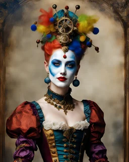 A length image sweet pose photography full body realistic high details Beautiful of Ieuropean woman court jester 18th century with curt jeser hát steampunk gears that with palimpsest multicolour court jester make up on joker clown collage abstract, a portion of her face is smile