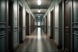 wide corridor full of closed doors with a single open doorway