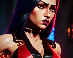 j.scott campbell, serena from mortal kombat, full body portrait, wearing black and red, big eyes, long black hair with red streak, small up turned nose, large breasts, small waist, round butt, standing, dark cobblestone alley, one halo light above, non photorealistic rendering