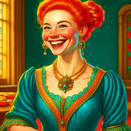 a young noble woman, red hair bun, smiling, joyful, happy to see us, wearing a turquoise embroidered gown with perls, renaissance era, in a ballroom, highly detailed, illustration, character art