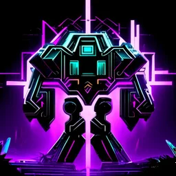 black and purple neon geometric robot with a plus sign symbol for the 'eye' in a black monochrome world