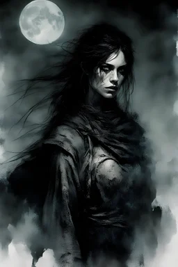 A stern warrior woman, against a rock background, night, moon, darkness, something terrible behind, harsh tones, cold colors, by Agnes Cecile & Luis Royo