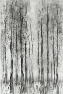 Minimalist rough abstract dusty Charcoal drawing of trees on a textured gesso background.