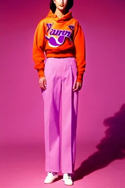 year 1994 women fashion. "summer combat suit trouser" with low waist, baggy, Combat pants, t-shirt and interesting hoodie with high tippet integrated to bolero. Colors: denim blue, blue, purple, khaki, "pastel light green", lilac, plum, orange, terracotta, red, pink, dark blue, beige. Women models. Starling pattern prints.Jennifer Lopez, Gwyneth Paltrow, . Big tennis shoes on. Cargo pants.