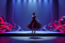 modern stage with gray-blue theme artistic decoration , color full dynamic lighting, a beautiful lady in modern maxy dark purple red dress with shining silver jwells dancing, 3D recursive fractal structure animating background