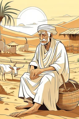 Old man, Arab, turban, white clothes, cattle, desert, council, sun, palm trees, mud houses, holding a stick, looking forward, a very slight smile.cartoon,Sitting on a chair