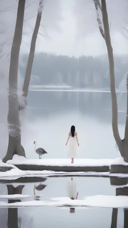 A girl with long black hair wearing a white dress stands in front of Swan Lake surrounded by snow