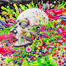 Create an artwork where asymmetrical watercolor images of pills, injection, cocain, cigarrates and weed merge with distorted human figures, submerged in swirling waves of dark, heavy brushstrokes, conveying the loss of control and disintegration caused by substance abuse.