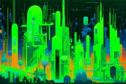 A neon green haunted cybernetic city with pixelated ghosts painted by Wassily Kandinsky