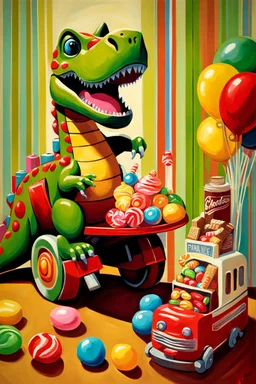 How about this: "Sweet Surprise at Playtime"? It's a still life painting featuring a toy dinosaur holding a giant lollipop like a trophy, while a toy robot sits beside it, offering a chocolate bar with a mischievous grin. In the background, a toy train chugs along, pulling a wagon filled with colorful candies. It's a delightful blend of childhood nostalgia and sugary treats, sure to bring a smile to anyone's face!