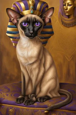 A Oriental shorthair Siamese cat wearing a small Pharoah's crown .The cat is sitting up tall on a purple velvet royal Egyptian cushion with intricate gold design and gold thread tassels. BG is Pharoah on his throne in painterly, airbrushed, image. Bing.