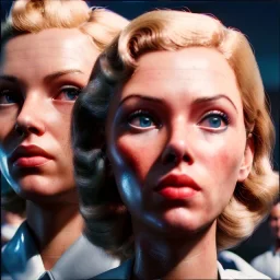 Ultra Realistic retro sci-fi movie Supermarket parking people scene, 1960 year, waist up view portrait, 2 clones blonde women, sweet scarlet Johansson face, perfect iris, glow eyes, face makeup, tight latex coat. many people looking, Retro sci-fi style, soft color, highly detailed, unreal engine 5, ray tracing, RTX, lumen lighting, ultra detail, volumetric lighting, 3d, finely drawn, high definition, high resolution.