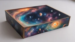 a box 10 cm long by 5 cm wide and 25 cm high, drawn on a box on all sides, space, tress, planets, galaxies a lot of colours, very realistic