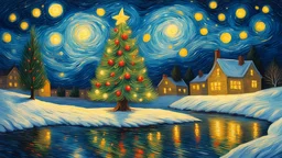 In the style of van gogh starry night,a wide shot angle of a Christmas tree, spreading Christmas joy in an glowing snow,riverside,reflections in the water,mistletoes