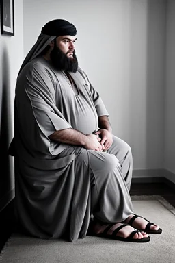 close up photography of a Burly arab 26 year old stocky short chubby man on his knees, short beard, dressed in an brown economic traditional caftan with pants and sandals, photorealistic, ambient occlusion, in a simple living room, ambient occlusion, side view from the bottom