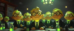 in the style of fallout 4, A close up on one person in group of glowing, cartoonish uranium creatures in a dimly lit boardroom, wearing tiny suits and glasses, with playful but slightly mischievous expressions. Their bodies emit a soft greenish glow. The room is filled with scattered papers, glowing vials, and miniature nuclear reactors. Style: whimsical digital illustration, cinematic lighting, colorful, slightly exaggerated features, playful yet mysterious atmosphere.