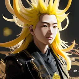 Detailed anime portrait of denki , yellow hair, black suit, intricate details, full body portrait, keep head in frame, slight smile, black Japanese motif, concept art, highly detailed, digital painting, concept art, sharp focus, illustration, art by Yoji Shinkawa, WLOP and greg rutkowski and alphonse mucha and artgerm and yanjun Chen and Junji ito and Makoto Shinkai, HDR, octane render