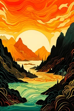 a painting of a sunset over a body of water, inspired by Victo Ngai, psychedelic art, cut into the side of a mountain, in style of stanley donwood, deep chasm, pipe organ album art