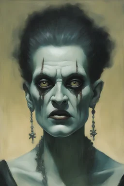 a closeup facial portrait of a frankenstein prom queen - extreme action pose - oil painting by Gerald Brom