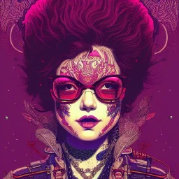 beautiful punk girl, smiling, leaning pose, hyper detailed, hyperdetailed, intricately detailed, illustration by <kilian eng>, purple tones, darkred tones,