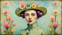 Mixed media portrait of a whimsical woman in vintage spring clothing, styled by Catherine Welz-Stein, MINIMAL DESIGN, 200 encaustic stylization, DeepDream-generated image depicting …