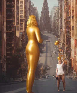 Statue of Queen of photography. Cute blonde woman. Photographer in golden crown. Standing on the street. Big camera in her hand. hyperdetailed, photorealistic, trending on artstation, greg rutkowski, beksinski, kodachrome, lomography, golden hour, bokeh, volumetric light