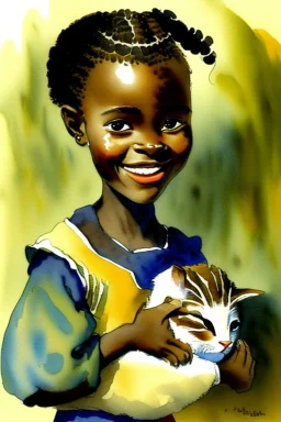 A cute smiling light brown skin african girl is holding a kitten. Watercolour